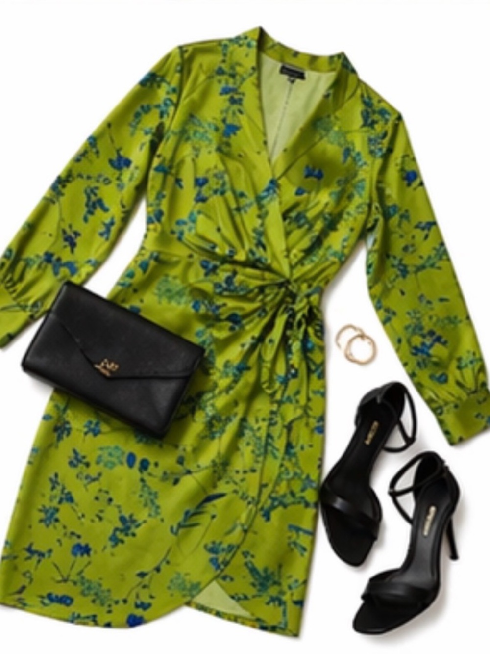 I.N.C. International Concepts Satin Wrap Dress Green Floral Elegant Size XS - Picture 13 of 14